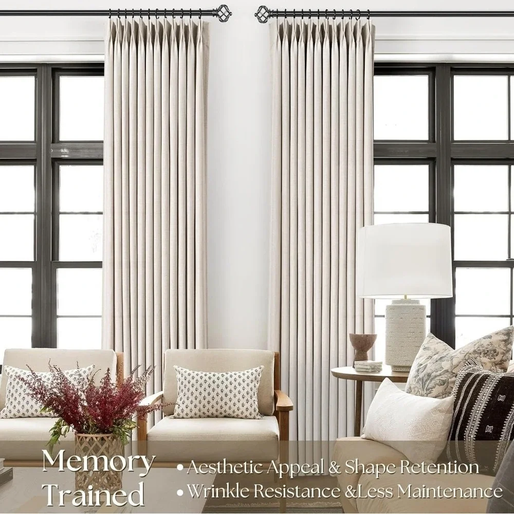 90 Inch Linen Curtains 2 Panel Set for Living Room Natural Beige Pinch Pleat